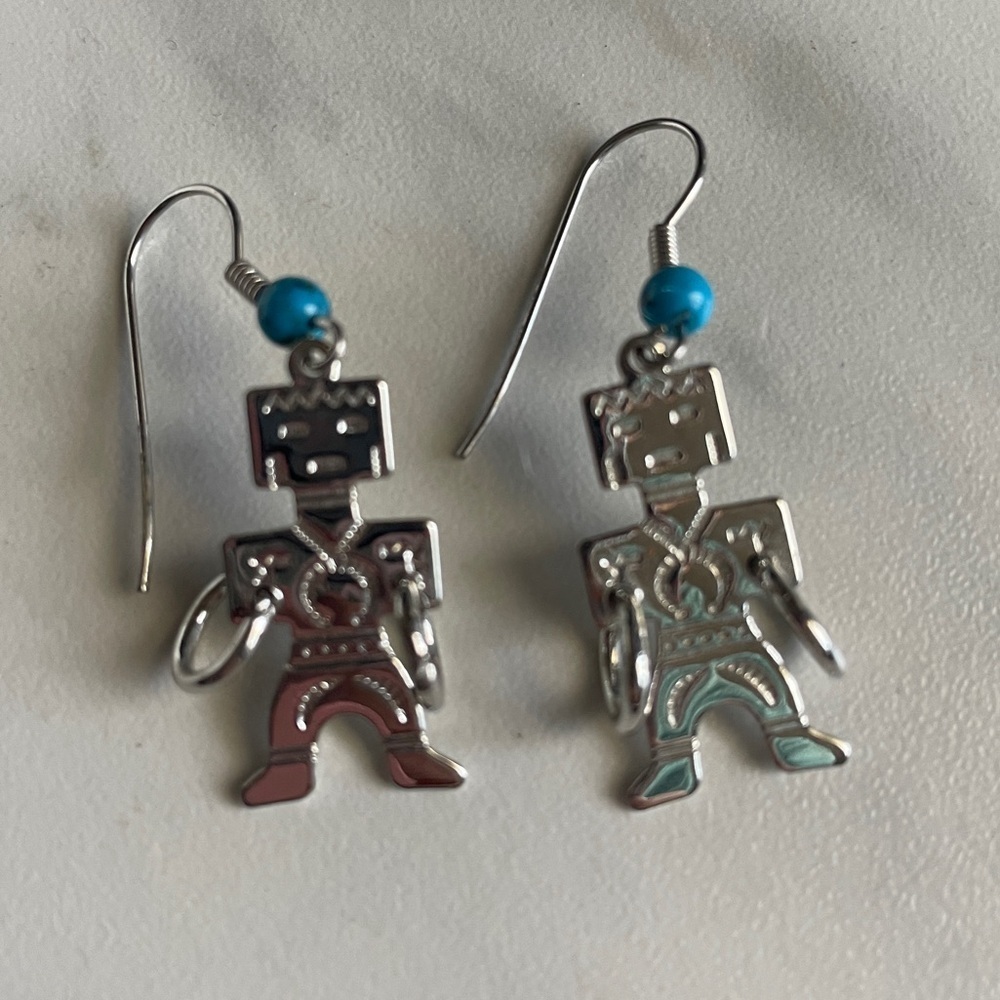 Vintage Pair Silver Kachina Hoop Dancer Pierced Dangle Earrings